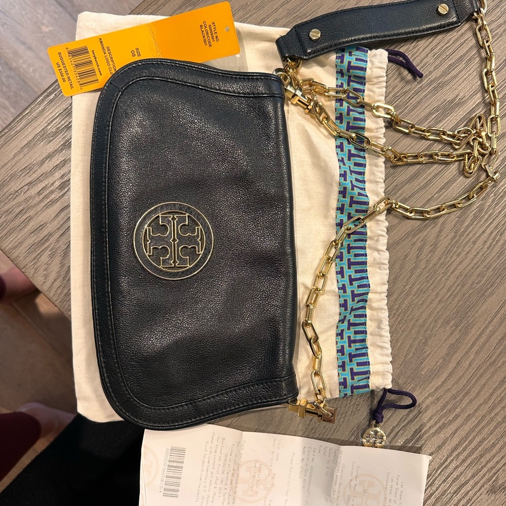 Tory Burch Amanda Black Leather Bag with Gold Chain